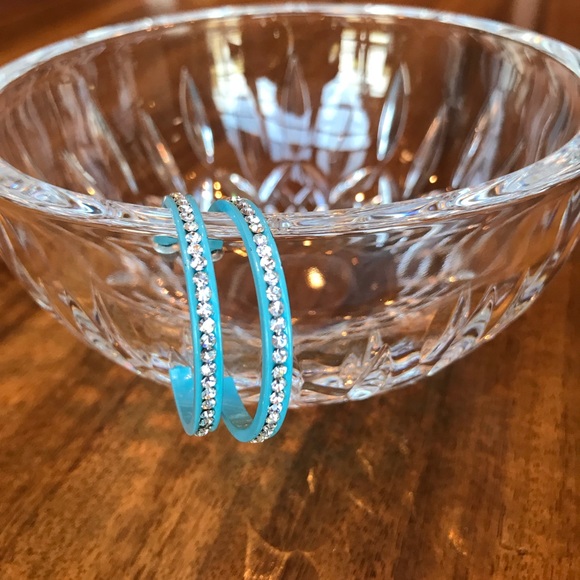 Rhinestone/Baby Blue Hoop Earrings - Picture 2 of 7